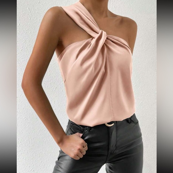 Luxe one shoulder twist front satin blouse - Picture 15 of 15